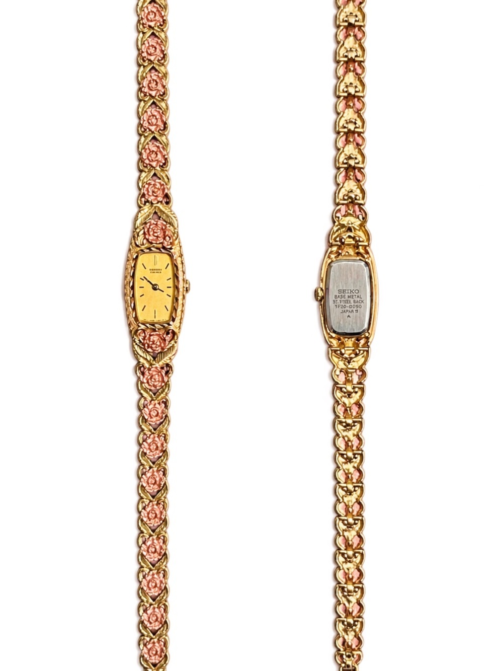Seiko solid 10k Gold stamped Ladies Bracelet Watch with Pink Rose Accents
